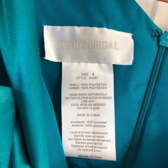 David's Bridal Teal V-Neck Sleeveless Satin Bridesmaid Dress Style #81047 - Picture 5 of 12